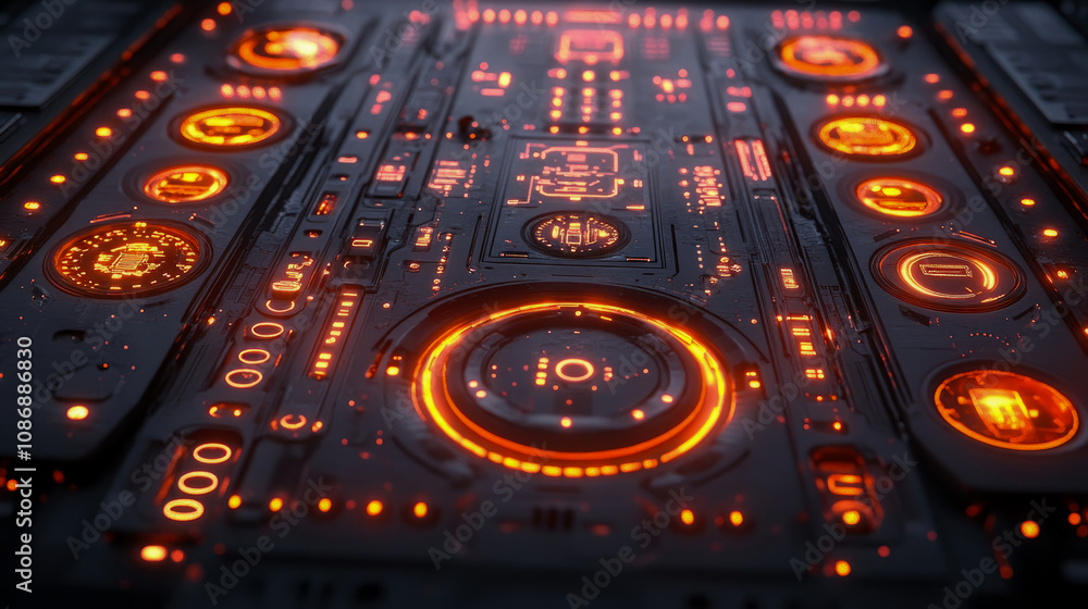 Aufkleber a detailed control panel features glowing orange circles and patterns, presenting a high-tech appear