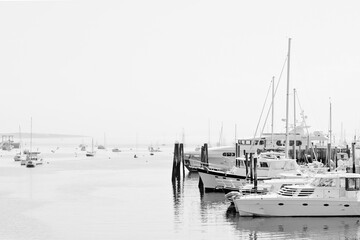 Yachts and small fishing boats in the marina of touristic Southwest Harbor, Mount Desert island, Maine coast, USA