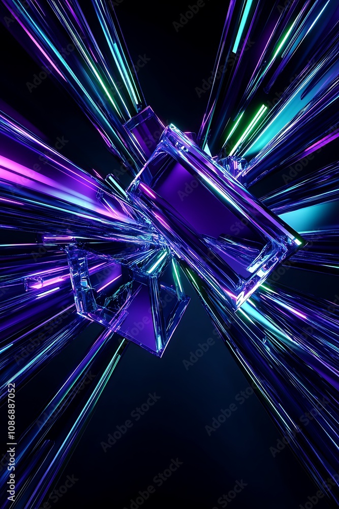 Poster abstract composition of glass bottles surrounded by vibrant, colorful light beams, creating a futuri