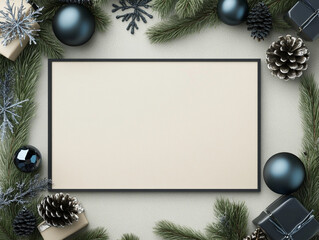 Holiday table decorations, top view: a blank centerpiece framed with natural pine branches, shimmering blue ornaments, intricate snowflakes and a small wrapped gift. Balanced composition for creating 