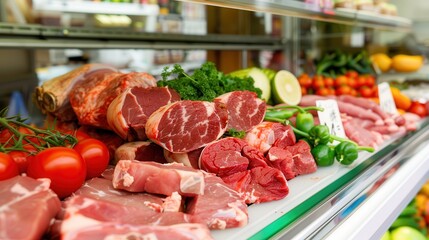 fresh halal food and grocery. A display of fresh meats and vegetables in a market, showcasing various cuts and vibrant produce, ideal for crafting gourmet meals.