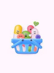 Pills in shopping cart. Happy characters. Pharmacy drug health tablet pharmaceutical. 3D Vector web illustration.