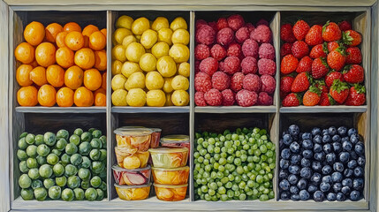 A vibrant assortment of oranges, lemons, strawberries, and blueberries fills a wooden crate, showcasing the fresh produce available at the market
