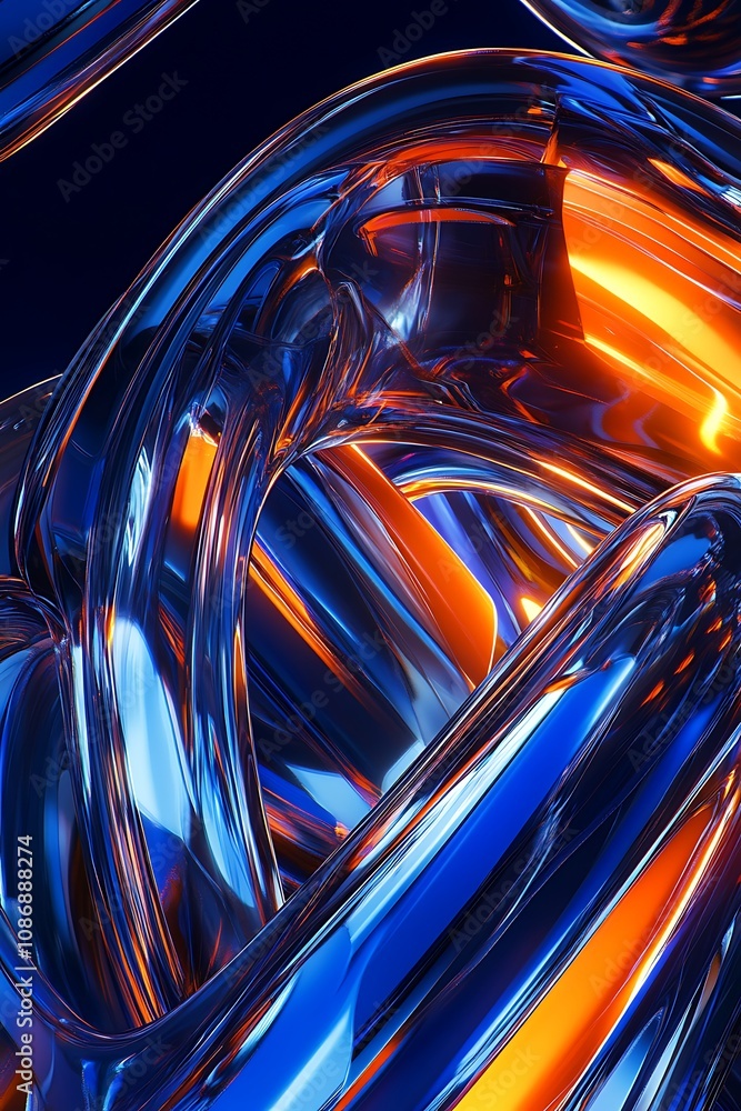 Poster abstract design with shiny metallic swirls reflecting light and colorful hues, creating a dynamic vi