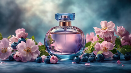 An aesthetic transparent bottle of perfume with a berry-floral aroma surrounded by blueberries and pink flowers