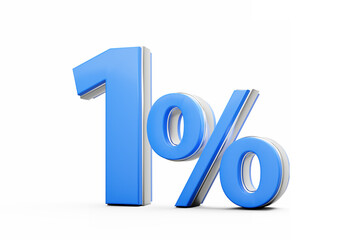 Vibrant Blue 1% One Percent Sign With Sleek Metallic Gleam On White Background 3D Illustration