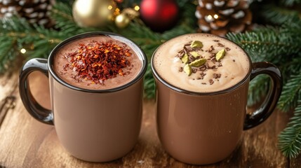 Festive Spiced and Classic Hot Chocolate in Mugs with Holiday Decor
