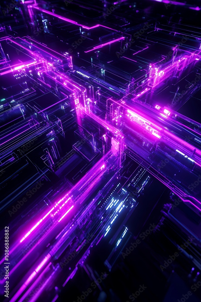 Poster abstract digital background with neon purple and blue lines creating a futuristic grid, representing