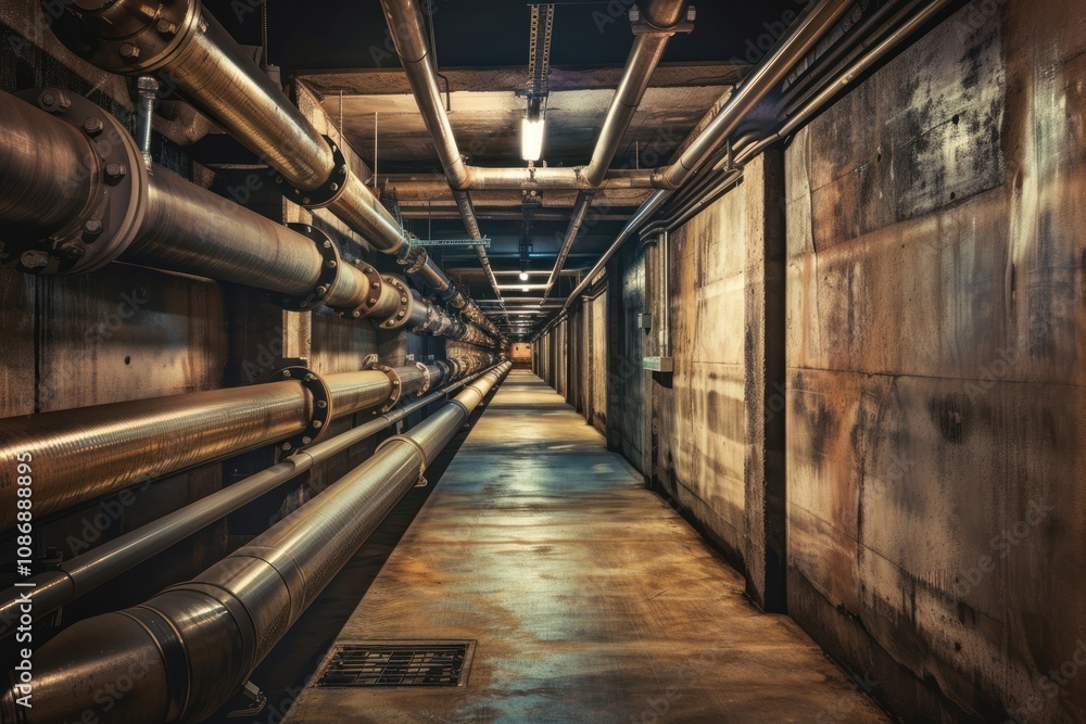 Poster empty underground corridor with drainage system and metal pipelines infrastructure architecture tech
