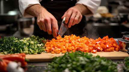 Obraz premium A highly detailed photograph of a chef’s hands in action, slicing carrots and bell peppers on a cutting board, with other colorful ingredients surrounding the workspace.
