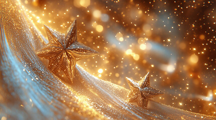 Golden Glittering Stars with Festive Bokeh Lights