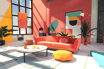 A minimalist room with geometric furniture and bold color contrasts.