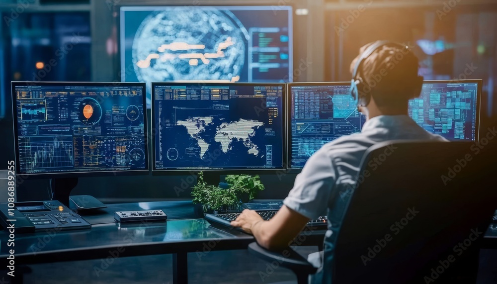 Poster air traffic controller working in control room, monitoring flights on multiple data screens.