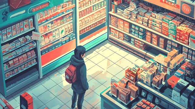 A Young Person Browsing the Aisles of a Vibrant Convenience Store in Japan. This illustration captures the atmosphere of a bustling Japanese convenience store.