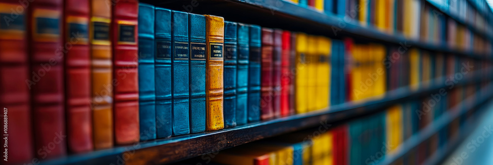 Poster a collection of vibrant vintage books arranged neatly on a wooden shelf, creating a warm and invitin