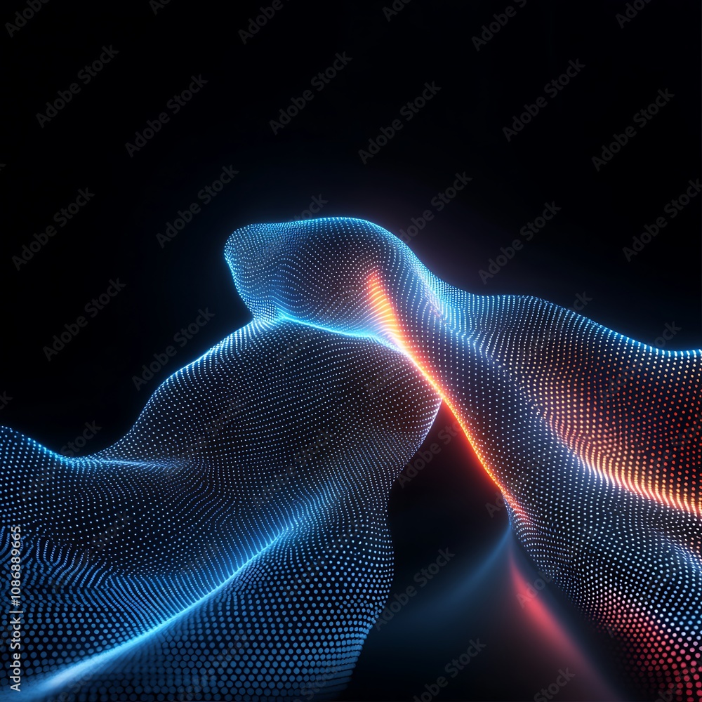 Poster abstract digital wave pattern illuminated in vivid blue and orange colors, creating a dynamic and fu