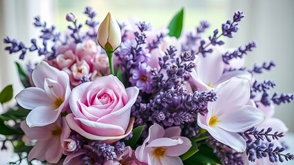 A Delicate Harmony of Pastel Blooms Soft Lavender Sprays Embracing Pale Pink Roses and Magnolia Petals, a Gentle Reminder of Nature's Grace