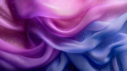 Exotic silk fabric drapes elegantly, showcasing beautiful hues of purple and blue, accented by shimmering sparkles that enhance its allure