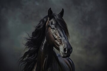 Portrait of black Andalusian Horse with long mane horse andalusian horse stallion.