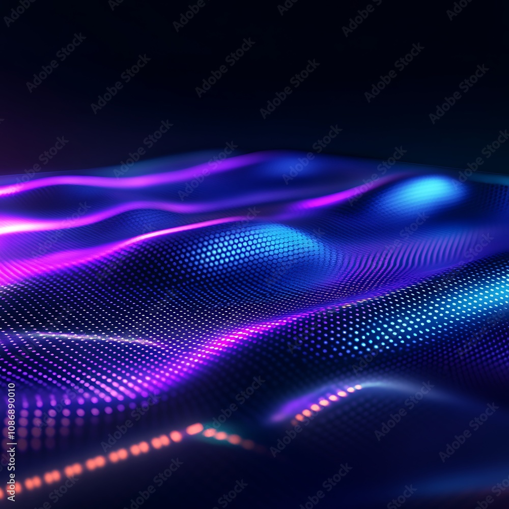 Poster abstract digital waves with vibrant colors in 3d effect, flowing light patterns create a sense of mo