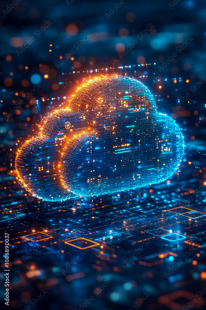 Poster a vibrant representation of cloud computing illustrates data flow and connectivity, featuring glowin