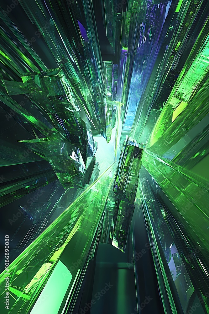 Aufkleber abstract exploration of vibrant green crystal structures piercing through light, creating a dynamic 