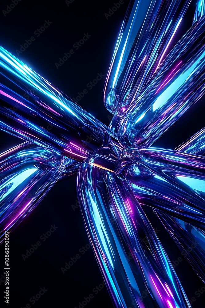 Aufkleber abstract display of shiny metallic tubes reflecting vibrant neon colors, intertwining to create a vi