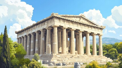 Majestic Ancient Greek Parthenon Temple Against Blue Sky