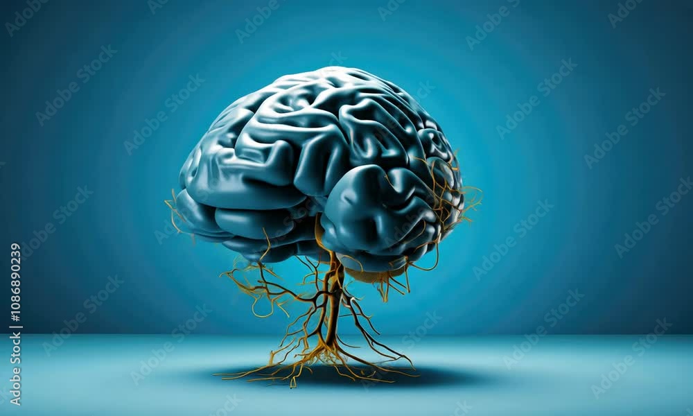 Poster exploring the connection between brain function and nature's roots in artistic visualization