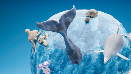 3D group of wild animals swimming in blue sea