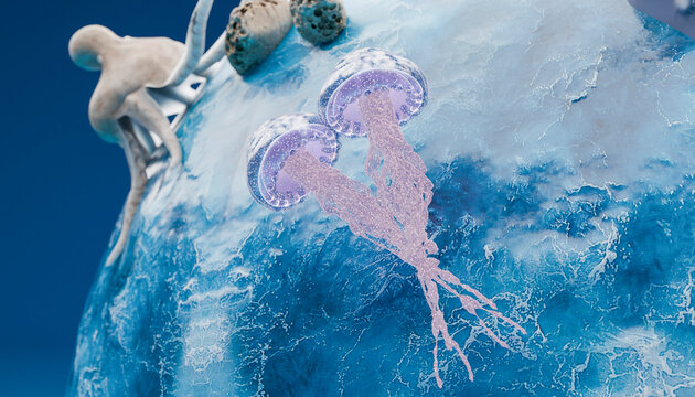 Jellyfish floating with octopus in background over wavy sea