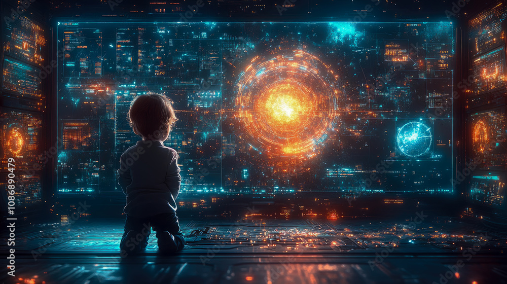 Poster a child kneels in front of a glowing screen displaying a vibrant, digital universe with colorful cel