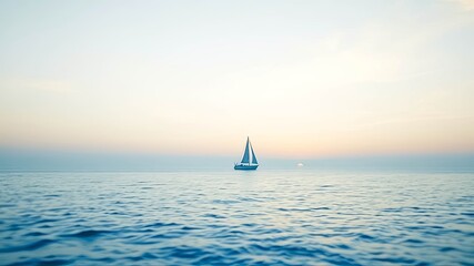 Obraz premium A solitary sailboat gracefully navigates the calm ocean waters as the sun sets on the horizon, casting a warm glow over the tranquil scene.