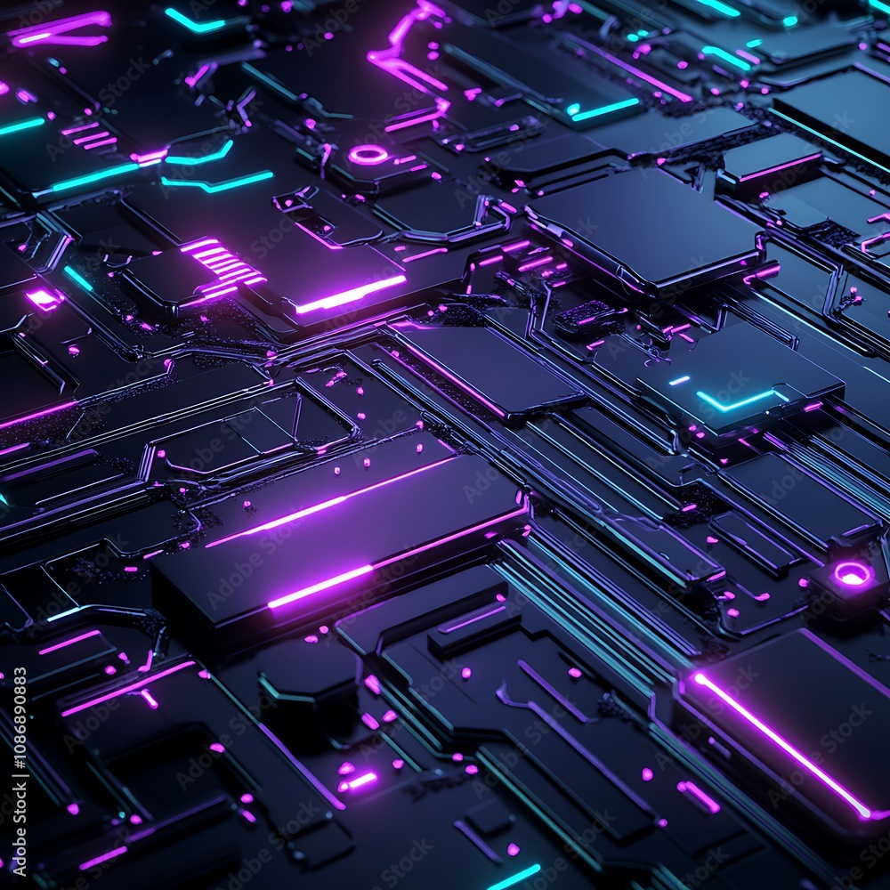 Poster abstract futuristic circuit board design with neon glowing lines and patterns for technology and sci