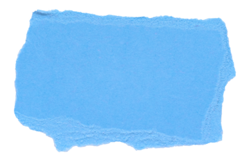 Isolated cut out torn piece of blank light blue paper note cardboard with texture and copy space for text, transparent png background design element
