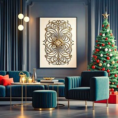 ai generative illustration image of mock up poster frame in modern interior background, living room, Christmas style but elegant, 3D rendering, 3D illustration
