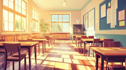 Fototapeta premium Classroom interior with wooden chairs and desks. Student studying lessons in secondary education. Generated stock. 