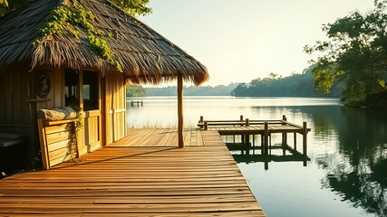 A rustic wooden cabin with a thatched roof sits on a wooden dock overlooking a calm lake, bathed in the warm glow of the setting sun.