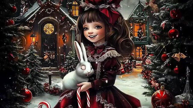 A whimsical digital artwork video depicting the magical world of Wonderland, with colorful candy canes surrounding an ornately decorated girl and bunny against a backdrop of winter snow and Christmas 