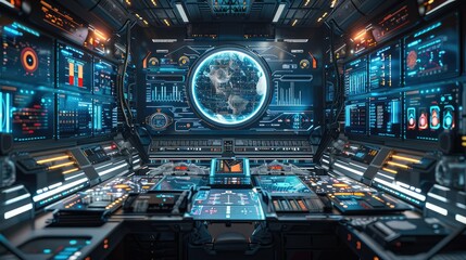 Desk setup with futuristic gadgets and digital screens