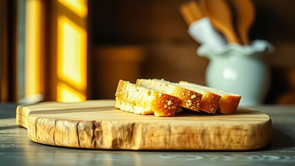 Slices of freshly baked bread on a rustic wooden cutting board, bathed in warm natural light.