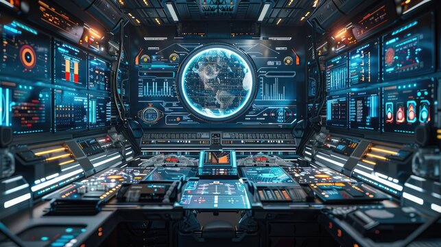 Desk setup with futuristic gadgets and digital screens