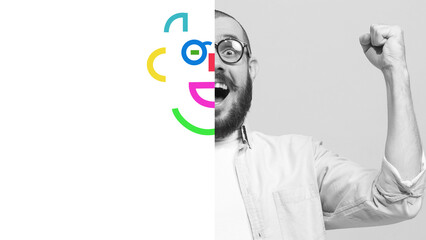 Half-portrait of happy man expressing excitement, with half his face replaced by abstract colorful geometric elements. Creative conceptual art collage. Concept of emotions, mental health, wellness