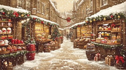 Enchanting Snow-Covered Christmas Market Scene with Festive Decorations