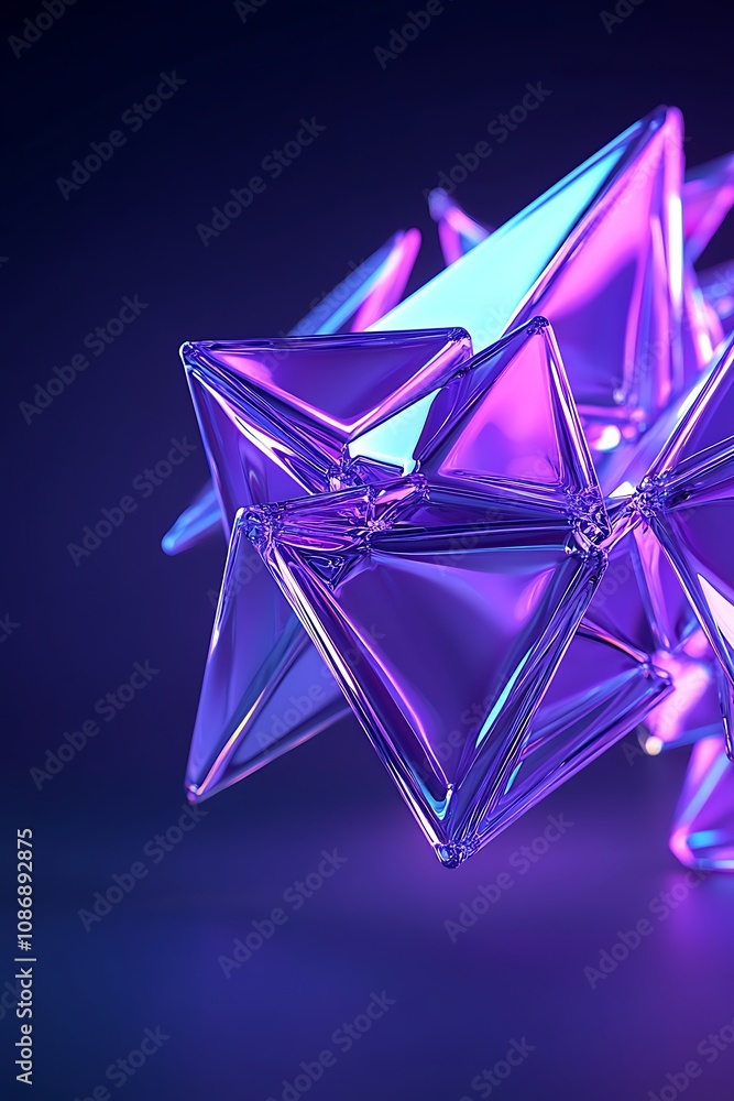 Poster abstract geometric shapes with colorful reflections in a dark background featuring triangular elemen
