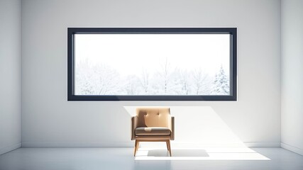 A minimalist living space with a single armchair positioned in front of a large window overlooking a snowy landscape.