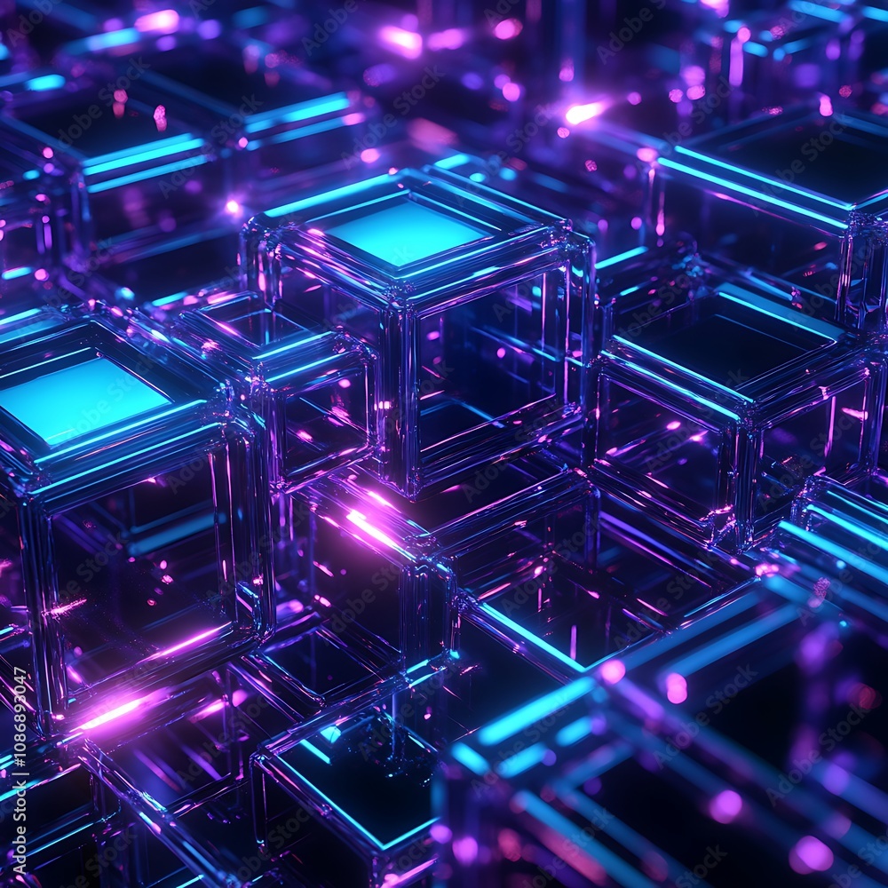 Poster abstract glowing cubes in a vibrant color palette of purple and blue, showcasing intricate reflectio