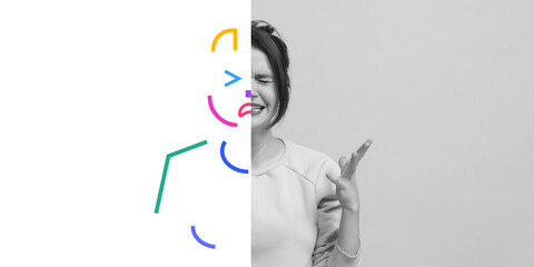 Half-portrait of frustrated woman, with one side of her face replaced by expressive colorful geometric patterns. Creative conceptual art collage. Concept of human emotions, mental health, psychology