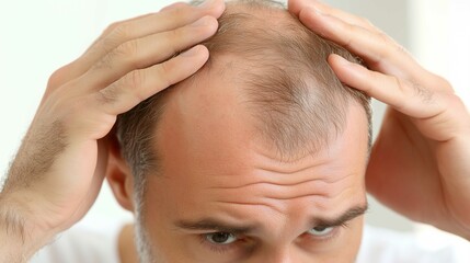 Naklejka premium Attractive Caucasian male adult in his 30s concerned about baldness looks into the mirror to examine his premature receding hairline. 