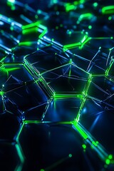 Obraz premium Abstract glowing hexagonal pattern with vibrant green and blue colors, illustrating technology, science, and futuristic designs against a dark background